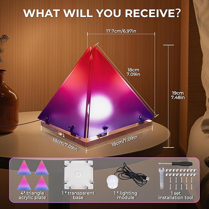 DIY Pyramide Mood Light, 3D Triangel Light, Geometric Creative Decoration for Gaming Room, Dinner Table, Childroom,Valentines Day Gifts Kids Night Light Gift,USB Powered