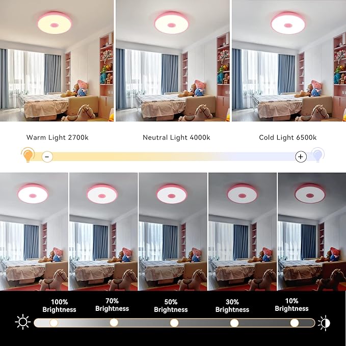 Pink Waterproof LED Ceiling Light Fixture,Music Ceiling Lamp,with Bluetooth Speaker,11Inch 18W, 2700K-6500K Dimmable RGB Color Changing Light with Remote Control,Suitable for Girls' Room