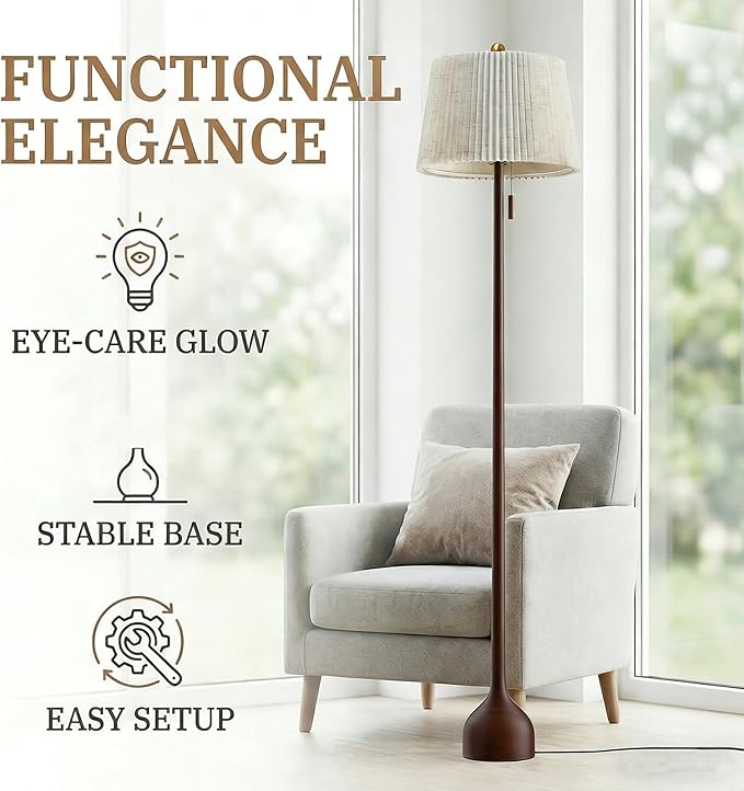 MOFFE 65" Mid Century Modern Vintage Real Wood Floor Lamp with 2 Shades for Two Looks,Sculptural Standing Lamp with Teardrop Base & Wooden Pull Chain for Living Room Bedroom Sofa Side (Bulb Included)