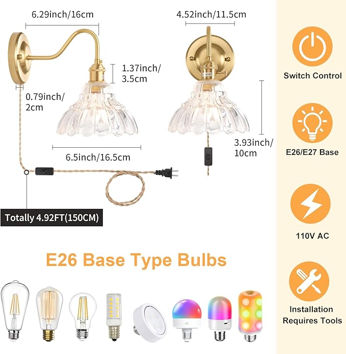 Plug in Wall Sconce Set of 2, Gold Vintage Wall Decor Lights with Clear Lily Glass Shade, Indoor Brass Corded Wall Lamp Fixture for Bedroom Living Room Bathroom Hallway