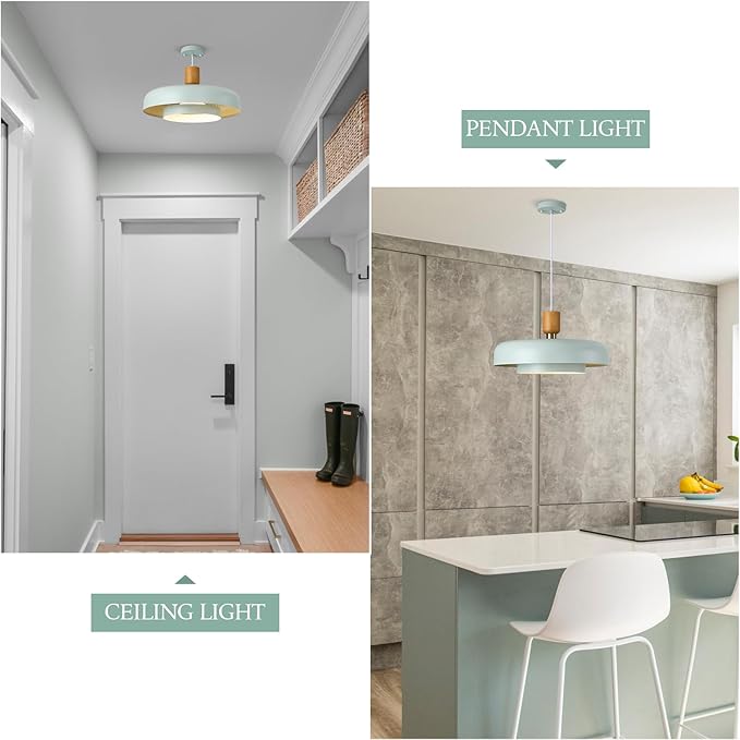 Mid Century Chandelier 19.68 inch, 2 Tiers Light Blue Shade, Natural Wood and Brass Accent,Large Pendant Lights for Kitchen Island, Dining Room, Living Room