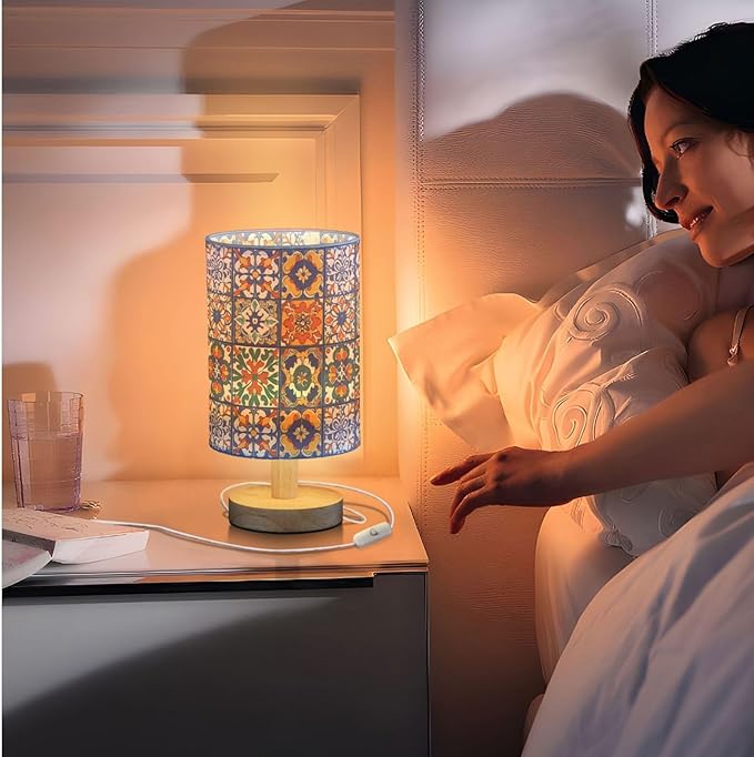 Mexican Tile Patterns Colorful Ethnic Bedside Table Lamps with USB Port for Bedroom Lamp Accent Table Lamp Small Nightstand Lamp Sturdy Linen Shade Wooden Base Decorative Lamps for Kids|Dorm|Home