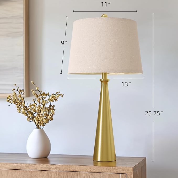 Oneach 25.75" Modern Table Lamp Set of 2, Bedside Lamps with USB Ports, Brass Gold Nightstand Lamps Set for Living Room Bedroom House Bedside Home Office Family
