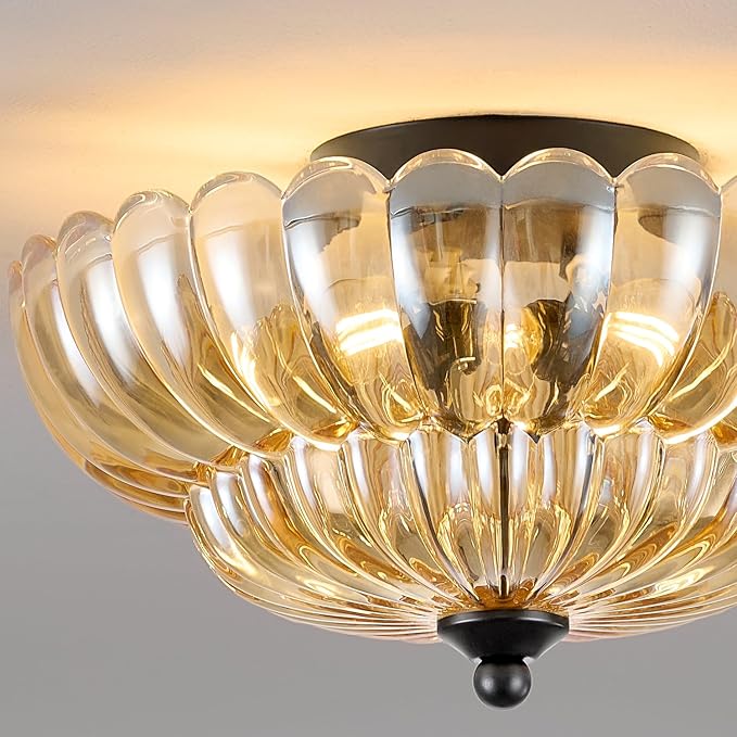 Modern Black Ceiling Light Fixture, 12" Amber Glass Flush Mount Chandeliers, Semi Flush Mount Ceiling Light Fixture Suitable for Living Room Hallway Kitchen Bedroom
