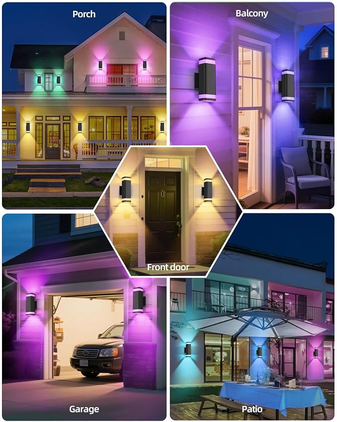 Smart Outdoor RGB Wall Lights, Wi-Fi & App Control Color Changing Up and Down Wall Sconce with Remote, Dusk to Dawn Waterproof Exterior Light Fixture Works with Alexa, Google Assistant, Black Finish