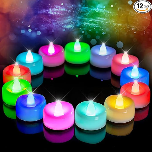 Flameless Candles, 12-Pack Color Changing Tea Lights Candles Battery Operated, Long-Lasting 200+ Hours Flameless Tealight Candles for Halloween Christmas Holiday Decor, 1.5'' D X 1.25'' H