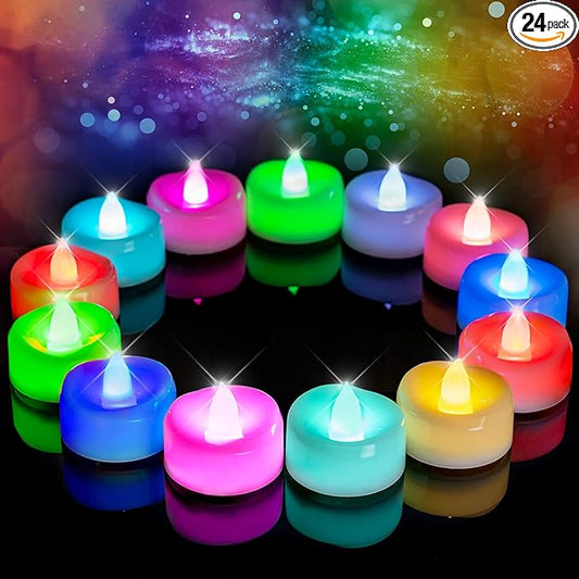 LED Candles, 24-Pack Color Changing Tea Lights Candles Battery Operated Bulk, Long-Lasting 200+ Hours Flameless Tealight Candles for Halloween Christmas Holiday Decor, 1.5'' D X 1.25'' H