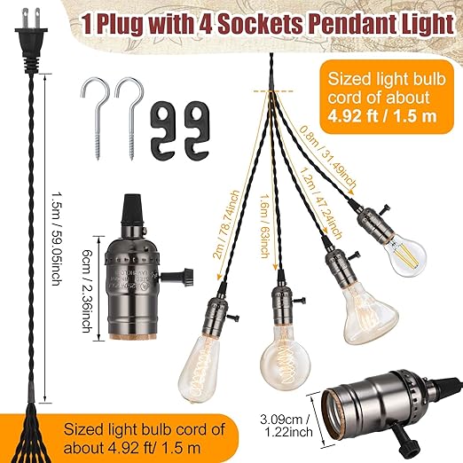 2 Pcs Vintage Pendant Light Sockets Light Cord Kit with Switches DIY Bulb Socket with Cord for E26 E27 Lamp Socket Lantern Bedroom Living Room Decor (1 Plug with 4 Sockets,Black)