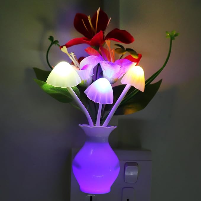 2 PCS Plug-in Night Light with Auto Light Sensor,RGB LED Mushroom Night Light Wall Red Lily Flower Lamp Energy Efficient Light for Adults Kids Nursery Room,Bedroom,Lounge,Hallway,Stairs
