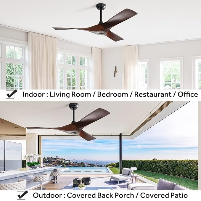 52" Ceiling Fan No Lights with Remote Control,Reversible DC Motor, 3 Walnut Wood blade Ceiling Fans without Lights for Patios Living Room,Matte Black
