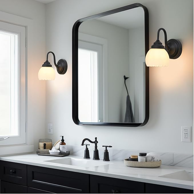 Pathson Milk White Wall Sconce Lamp with Tulip Thicken Glass, Modern Bathroom Sconce Hardwired Wall Vanity Light Indoor Decor for Mirror Living Room Foyer Loft Bedroom Farmhouse Lighting