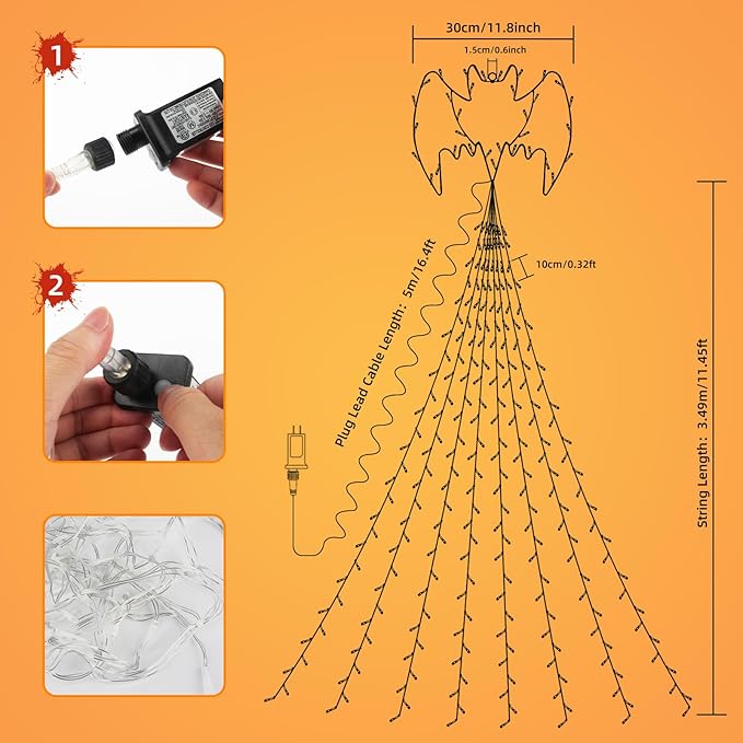 Halloween Decorations String Lights with Bats,300 LEDs 8 Modes Halloween Lights,16.4Ft Outdoor Indoor for Tree,Roof,Yard,Garden & Party Decor (Purple Orange)