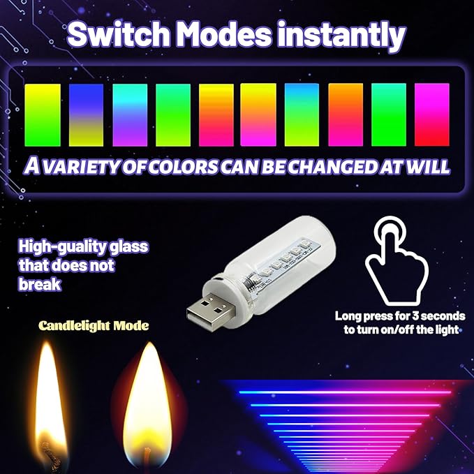 New Car USB Lights, 13 in 1 Touch Adjustment USB LED Car Lights, Mini Glass Bottle LED Bulb Night Lights, Switch Memory Retention, 13 Modes & 7 Colors for Vehicle Bedroom Camping Holiday (3Pcs)