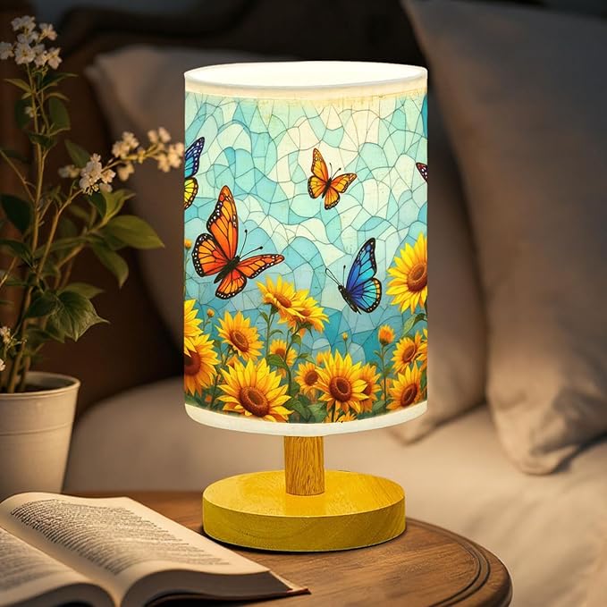 Butterfly Table Lamp LED 3-Color Pressed Bedside, Butterfly Shade Lamp with Wood Base for Bedroom Living Room Desk Office TL01
