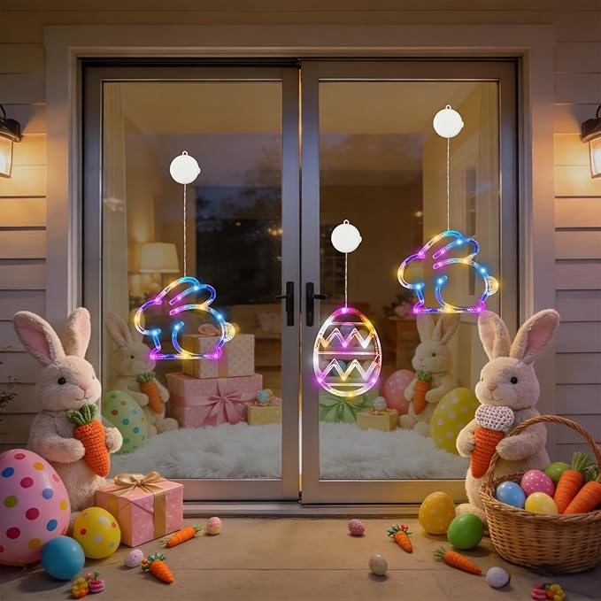 BHCLIGHT 3 Pack Easter Window Lights, Multicolor Bunny and Egg Lights, Battery Operated Easter Window Decorations Light up with Suction Cup and Timer Function for Indoor Window Glass Wall Party Decor