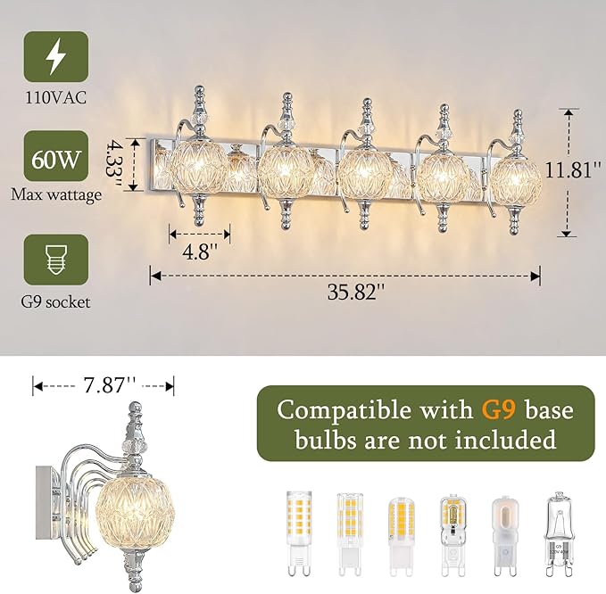 Modern Crystal Bathroom Vanity Lights Fixtures Over Mirror Chrome Vintage 5-Lights 36 Inch Bathroom Light Fixtures Glass Crystal Vanity Lights