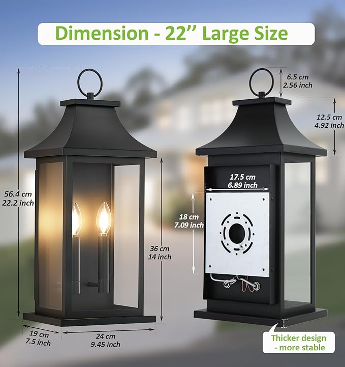 tewei 22'' Large Outdoor Wall Light, Porch Light Outdoor Wall Sconce Lantern, 2-Light Black Exterior Lighting Fixture Wall Mount, Outside Light for House Garage, 1-Pack
