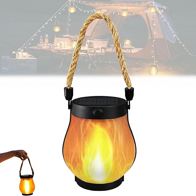 Dancing Flame Solar Lantern Outdoor Lights, Flickering Flame Hanging Lanterns with Magic Flames, Dual Charging (Solar & USB), Waterproof for Garden, Patio, Yard, Pathway (1 PCS)