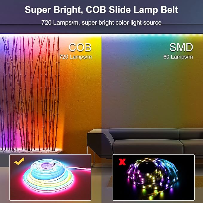 INDARUN RGB Smart IC COB Led Strip Light 720 LEDs/M, 16.4ft/5M 12mm Width, 12V Alexa Addressable Led Strip for TV Led Backlight, Music Sync, APP Control, Flexible Led Tape Light for Bedroom