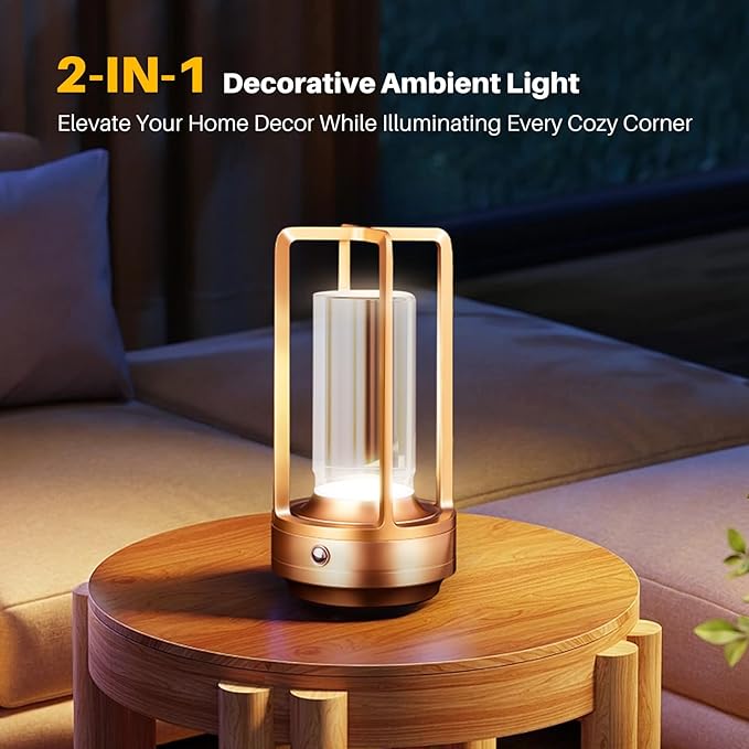 Rechargeable Table Lamp Cordless, 3 Color | Crystal | Stepless Dimming, for Bedroom, Cafe, Camping, Bar, Dining Table, Restaurant, Gold