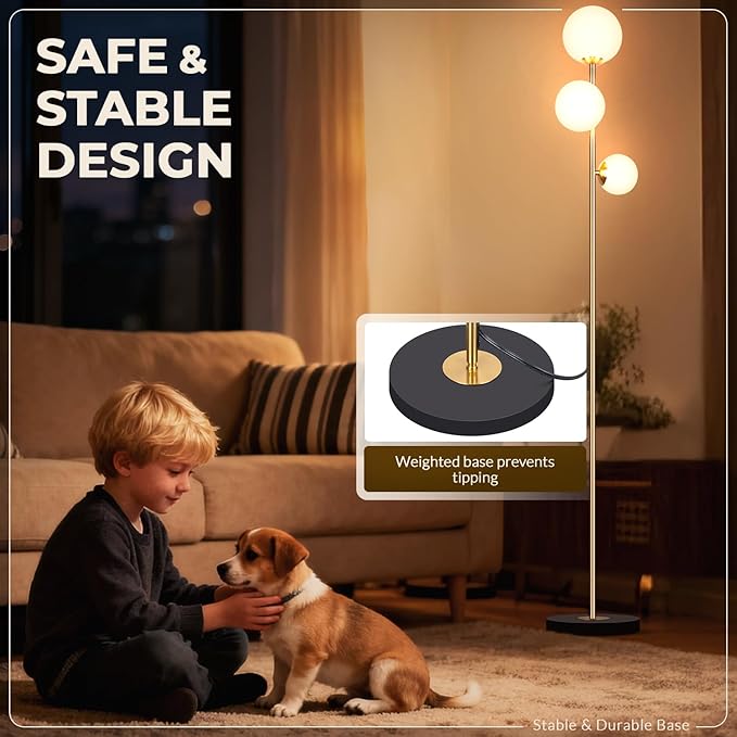 Soilsiu 3 Globe Floor Lamp - Mid Century Modern Standing Light with 3 Color Temperatures, LED Bulbs, Frosted Glass Shades for Living Room (Gold)