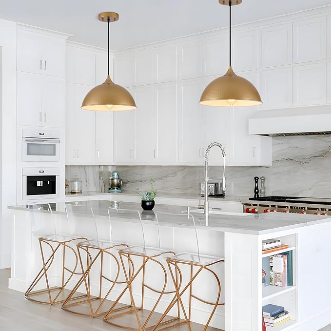 Pendant Lighting for Kitchen Island, 2 Pack 12" Dome Pendant Light Fixtures with Gold and White Finish Industrial Hanging Pendant Light for Dining Room