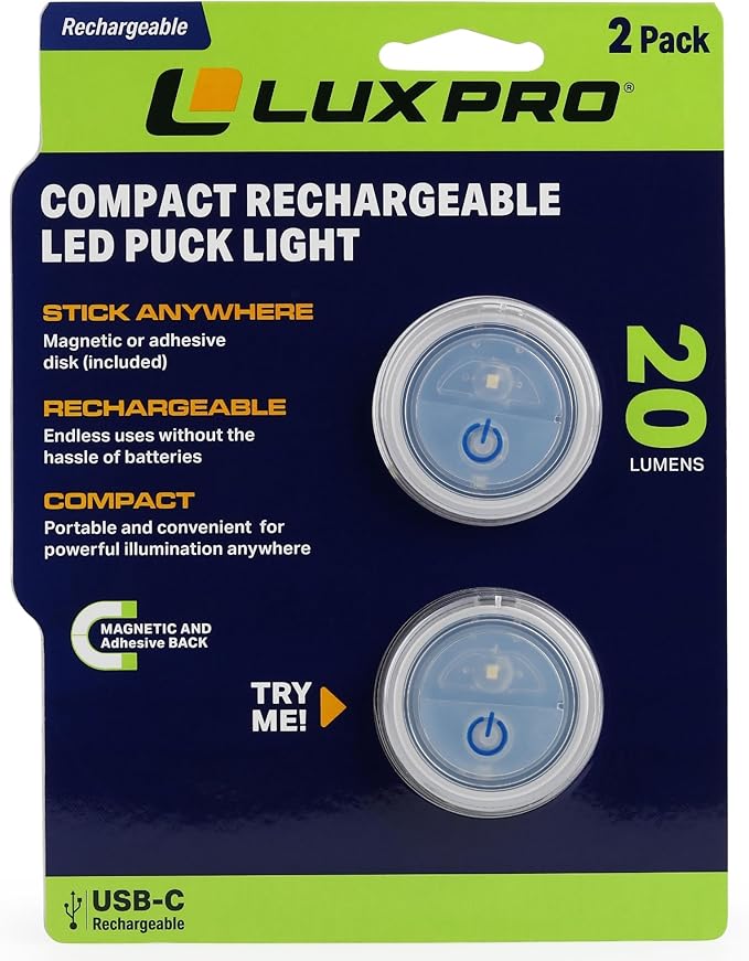 LUXPRO Waterproof Micro LED Rechargeable Puck Lights - Adhesive Lighting Ideal for Under Cabinets, in Tackle Boxes, or On Bookcases - Compact Rechargeable Push Tap Light - 2 Pack (Rechargable)
