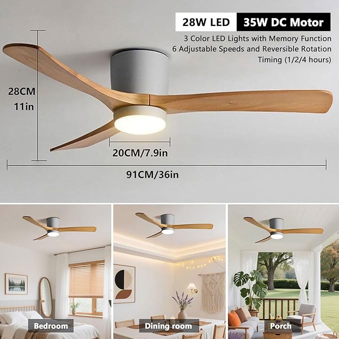 36in Quiet Ceiling Fans with LED Lights Remote ETL Ceiling Fan Lights Living Room Bedroom ‎Remote Ceiling Lighs Fan Lighting 6 Gear Wind Speed Grey Ceiling Fan Wooden Fan Blades