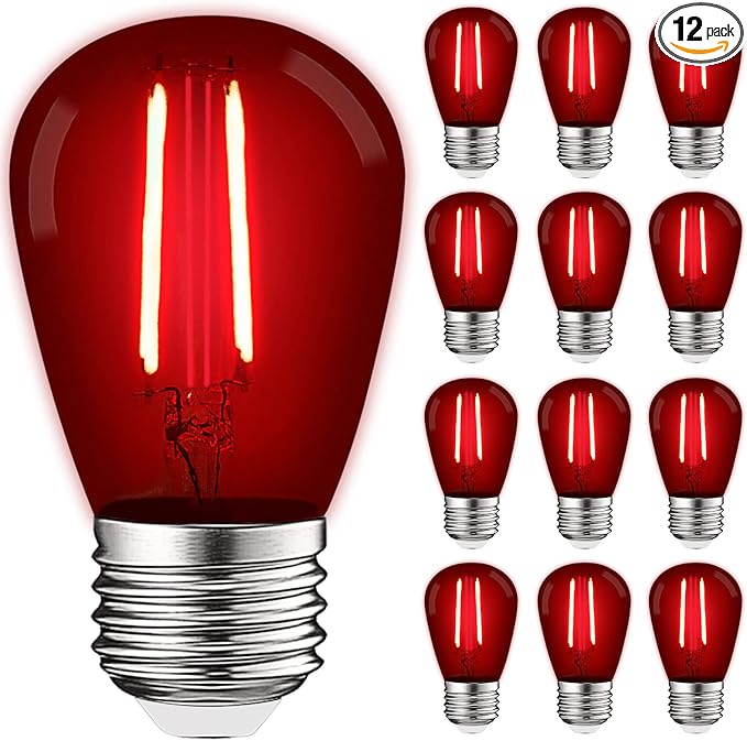LUXRITE 12-Pack S14 Edison LED Red Light Bulbs, 0.5W, Colored LED Bulbs for Outdoor String Lights, UL Listed, E26 Base, Indoor Outdoor, Decoration, Party, Holiday, String Light Replacement Bulbs