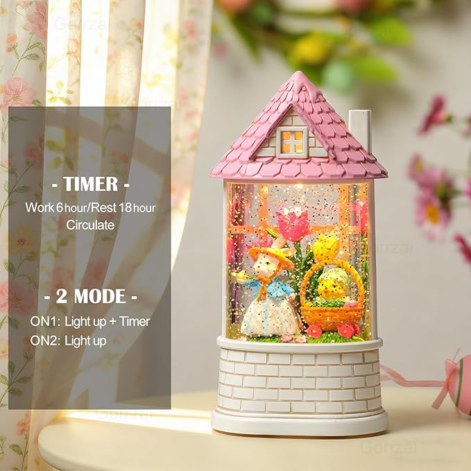 Easter Snow Globe Lantern Bunny Easter Decorations for Home with Timer Swirling Glitter, Lighted Indoor Decor Gifts with Basket Eggs Chicken, USB or Battery Operated