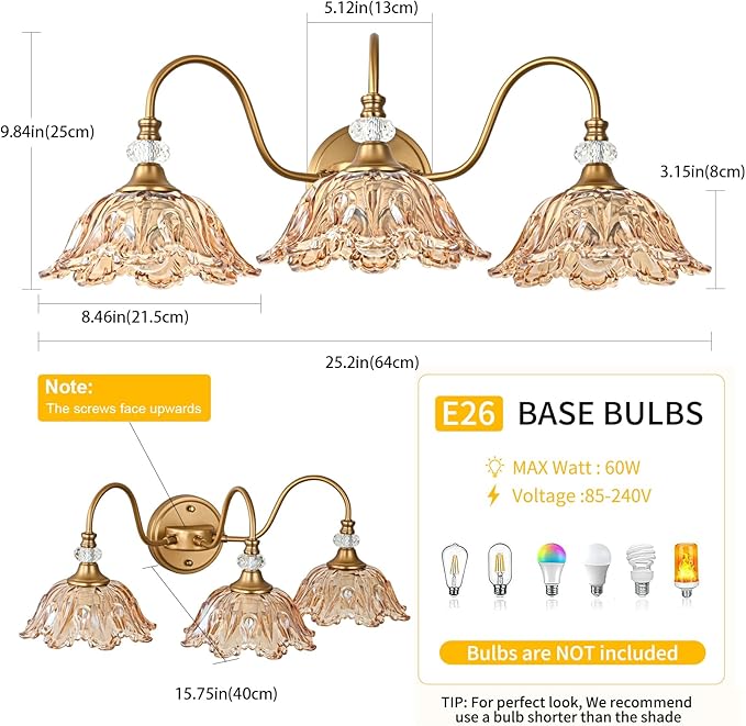 Vintage Bathroom Vanity Light, 3-Light Matte Deep Brass Finish Vanity Light with Flower-Shaped Amber Glass Shades, Retro Wall Sconce for Bathroom
