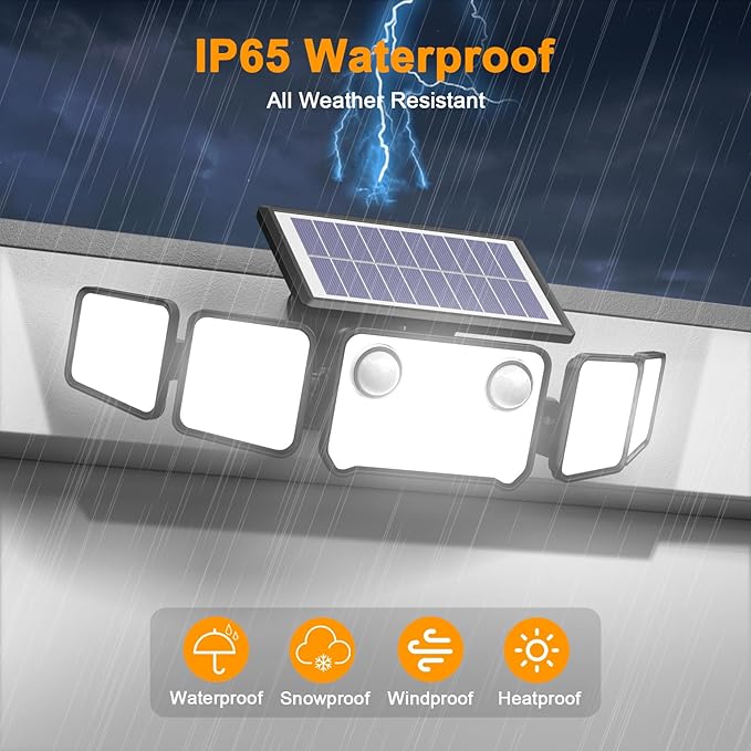6000LM Solar Lights Outdoor, 5 Heads Solar Security Lights with Remote Control, IP65 Waterproof Motion Sensor Light 3 Modes Flood Light for Wall, Porch, Yard, Outside, 1 Pack