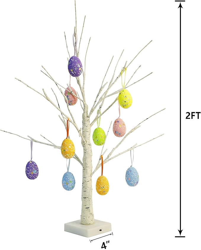 Easter Decorations kemooie 24 Inch Pre-lit White Birch Tree with 10 Hanging Easter Egg Ornaments, 24 Led Lights Battery Operated Easter Table Centerpiece for Party Birthday Home Spring Decoration