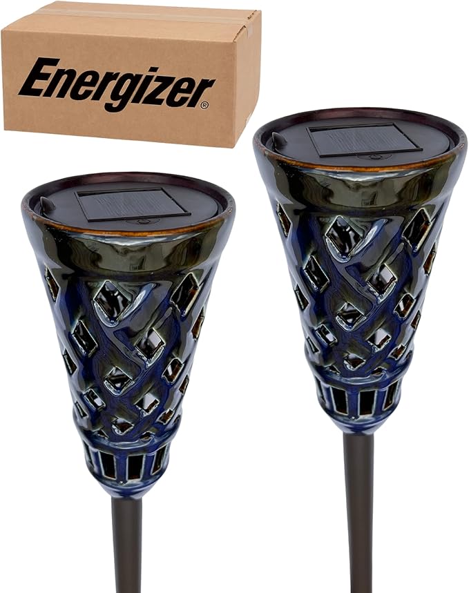 Energizer Ceramic Solar Tiki Torches - LED Solar Outdoor Lights with Flickering Flame for Garden Decor - Solar Garden Lights IP65 Waterproof Solar Powered Outdoor Lights - 2 Pack (Blue)