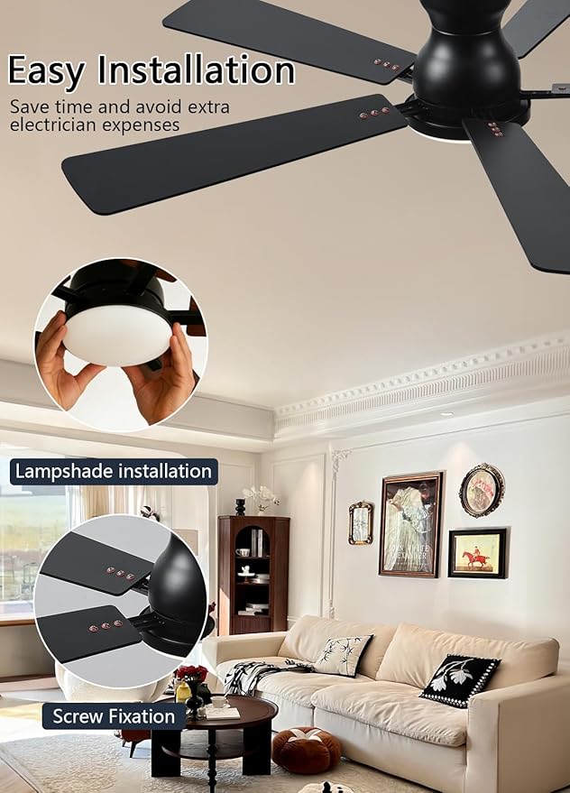 Ceiling Fans with Lights, 52Inch Low Profile Ceiling Fan with Light and Remote/App Control, Modern Flush Mount Brown Ceiling Fan, 3CCT Dimmable, Reversible DC Motor, for Living Room,Bedroom