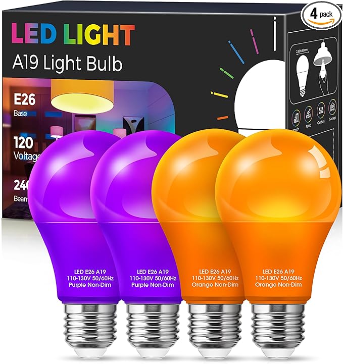 Fulighture Purple Orange Light Bulbs Outdoor [ 4 Pack ] LED A19 Halloween Light Bulbs LED Orange Light 9W (60W Equivalent) - E26 Purple Light Bulb for Porch Colored Christmas Party Home Decor