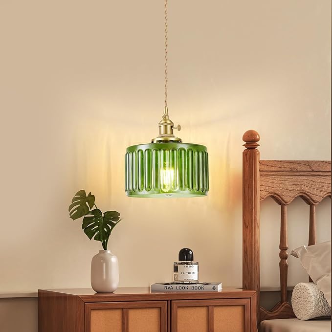 2 Pack Industrial Pendant Lighting, Modern Green Glass Shade Farmhouse Adjustable Hanging Light Fixtures for Kitchen Island Living Room Bedroom Hallway, Green