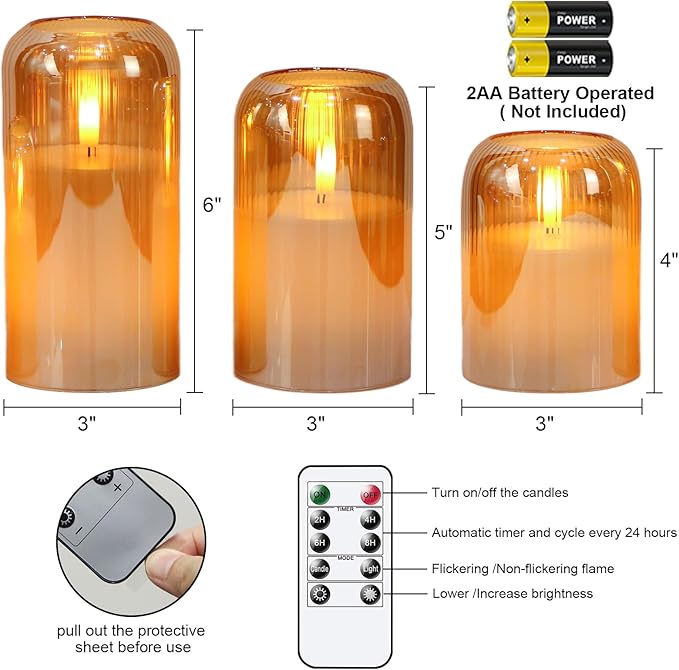 DRomance Glass Flameless Candles with Remote and Timer Battery Operated 3 Pack Real Wax Striped Gold LED Flickering Pillar Candles Dinner Wedding Halloween Christmas Holiday Decor(3" D x 4",5",6" H)