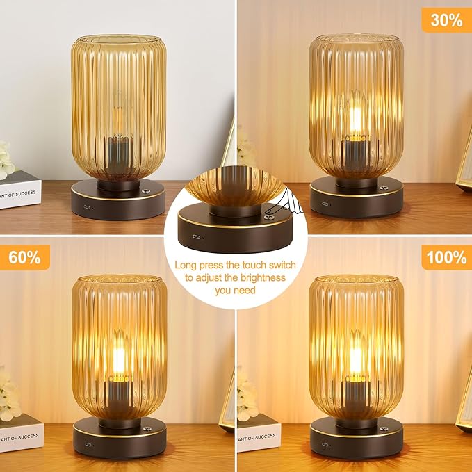 LigthRound Touch Table Lamp for Bedroom, Cordless Bedside Small Table Lamp, Dimmable Rechargeable Battery Operated Lamp for Nightstand, Bedside, Living Room, Desk, LED Bulb Included