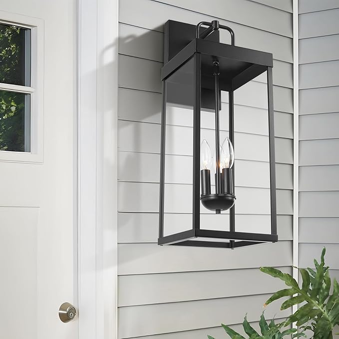Outdoor Wall Sconce Light, 24 Inch Tall Transitional Exterior Wall Bracket Lighting with Clear Glass, Anti-Rust Powder Coat Black Modern Outside Carriage Lantern Lamp for Porch Garage Patio