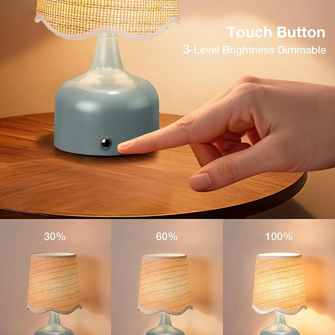 Cordless Boho Table Lamp Blue, Scalloped Wicker Shade, 5200-mAh Rechargeable Battery, 3-Way Dimmable, Build-in Integrated LED 320 Lumen Max, for Bedside Living Room