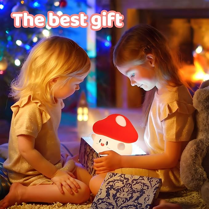 Mushroom Night Light, Squishy Silicone Lamp - Tap Control 2 Brightness, 50H Battery & Auto Timer, Cute Easter Gifts for Kids, Bedside Nursery Desk Mushroom Decor