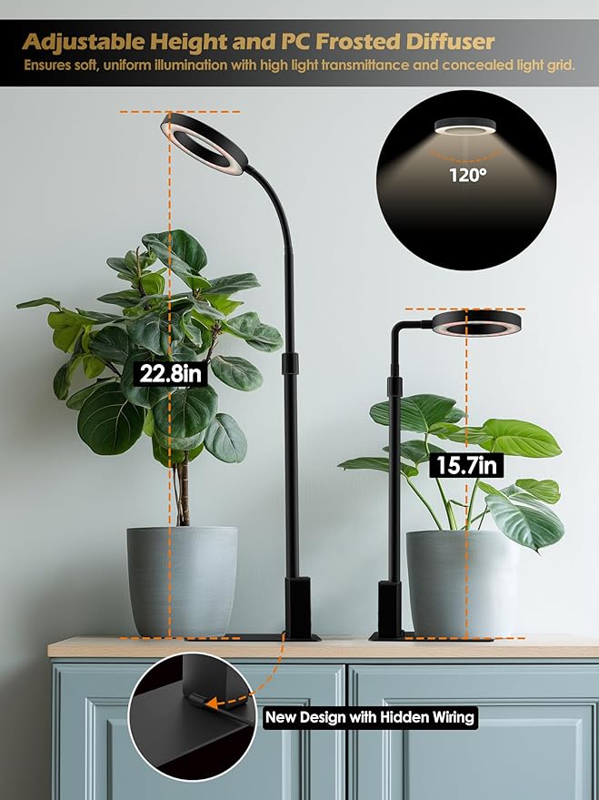 Smart Grow Lights for Indoor Plants, Plant Light with Auto-Timer, Full Spectrum LED Grow Light, Adjustable Height & Stepless Dimming,Plant Assistant Suitable for Most Plants (Black, 12W)
