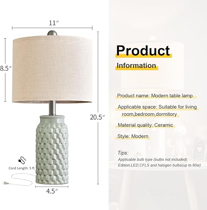 20.5 inches Modern Ceramic Green Bedside Lamp Set of 2 for Bedroom Decor Farmhouse Table Lamp for Living Room Office Dorm