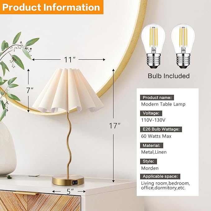 Pleated Table Lamp, Table Lamp for Bedroom, Bedside Lamps for Nightstand with Linen Lampshade, Modern Lamp for Bedroom Home Office Decor