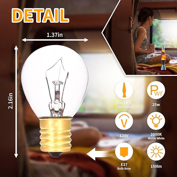 6 Pack Lava Lamp Bulbs 25 Watt 120V S11 Replacement Light Bulb E17 Standard Base for Glitter Lamps