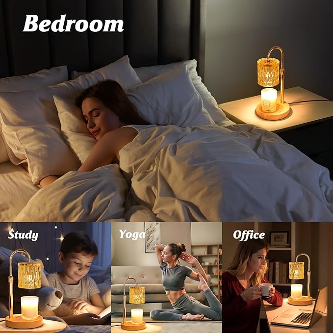 Candle Warmer Lamp with Timer and Dimmer, Height and Brightness Adjustable,Glass Electric Wax Warmer with 2 Bulbs for Women Mom Gifts, Home Decor for Scented Jar Candles (Yellow)