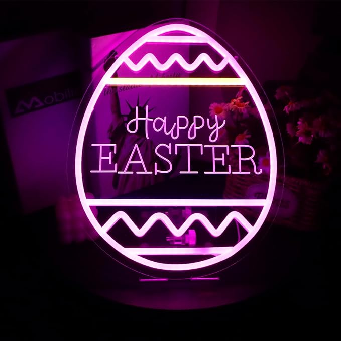 Happy Easter Neon Sign LED Aesthetic Living Room Decor Rabbit Decorative Window Lights for Girls Kids Bedroom Wall Home - 13 inches x 14 inches - Pink - Modern - Window Mount - Easter Decor