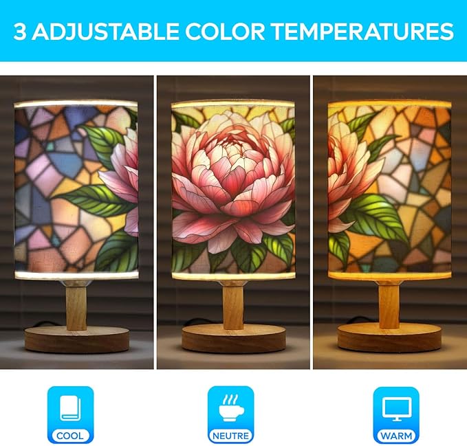Peony Table Lamp LED 3-Color Pressed Bedside, Peony Shade Lamp with Wood Base for Bedroom Living Room Desk Office TL01
