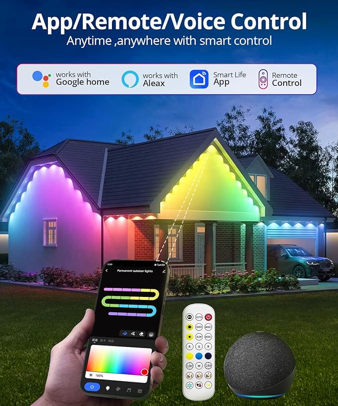 Smart Permanent Outdoor Lights, 200ft with 144 LED RGB String Lights, IP67 Waterproof Eaves Light with 44 Scene Modes for Halloween Christmas Birthday Holiday Party, APP/Voice/Remote Control